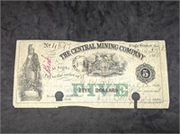 Obsolete Central Mining Company Five Dollar Bill