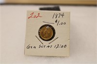 1874 $1.00 Gold, drilled with gem set at 12:00