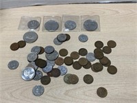 Canadian dollar, half-dollar, nickels, pennies