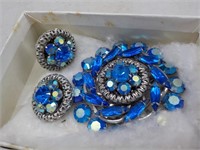 Costume blue stone pin, clip earrings