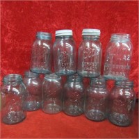 (10)Vintage blue glass ball canning jars.