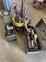 Grease guns, socket sets, ammo box with misc.