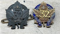 2 WW1 Canadian CEF 32nd Battalion Collar Badge