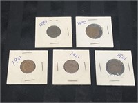 BUNDLE of FIVE Indian Head Pennies 1890 & 1901