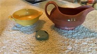 Fiesta Ware gravy boat, handled bowl, and magnet