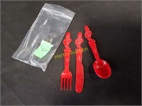 red plastic child's knife, spoon, fork, 1950's