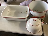 Enamel pan, tea pot and pail