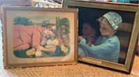 Antique framed print "Breakfast Time" & Amish