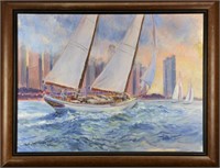 John Baker "Boats on Lake Michigan" Oil Painting