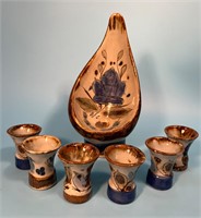 Handmade Pottery Candle Holder & 6 Shot Glasses-