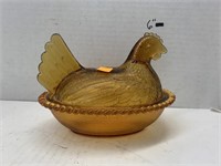 Amber-colored Glass Chicken on a Nest