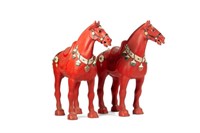 PAIR OF LARGE CINNABAR LACQUER INLAID HORSES