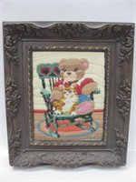 18.5" x 21.5" Framed Stitchwork Bear w/ Cat Art