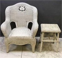 White Wicker Chair & Foot Stool