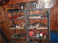 shed-two gray metal shelves full of asst.  tool