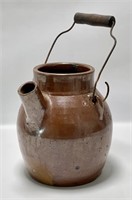 Redware batter jug, wire handle, 7" dia,8.5" tall