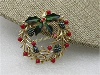 Vintage Enameled Christmas Wreath Brooch, Pine Con