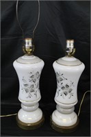 Pair Vtg. White Glass Lamps W/Gold Detail