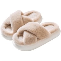 WF493  Women's Fuzzy Cross Band Slippers, Khaki