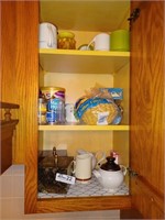 Contents of cabinet - cups, 2 square boxes, misc