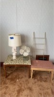 Vintage porcelain lamp, metal fan, bench and side