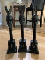 (3) Wood Carved Tribal Heads on Pedestals