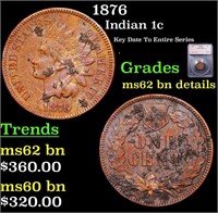 1876 Indian Cent 1c Graded ms62 bn details By SEGS