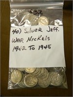 (40) Silver Jefferson War Nickels, 1942-45