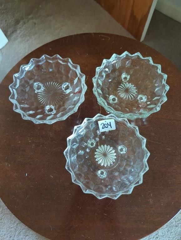 3 clear glass footed bowls possible Fenton?