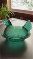 Indian glass Hen on nest teal carnival glass