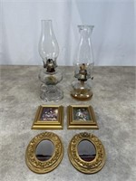 Unique oil lamps, set of 2. Small framed mirrors