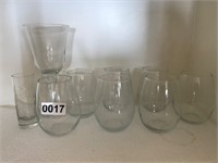 Stemless wine glasses, etched shot glass, goblet