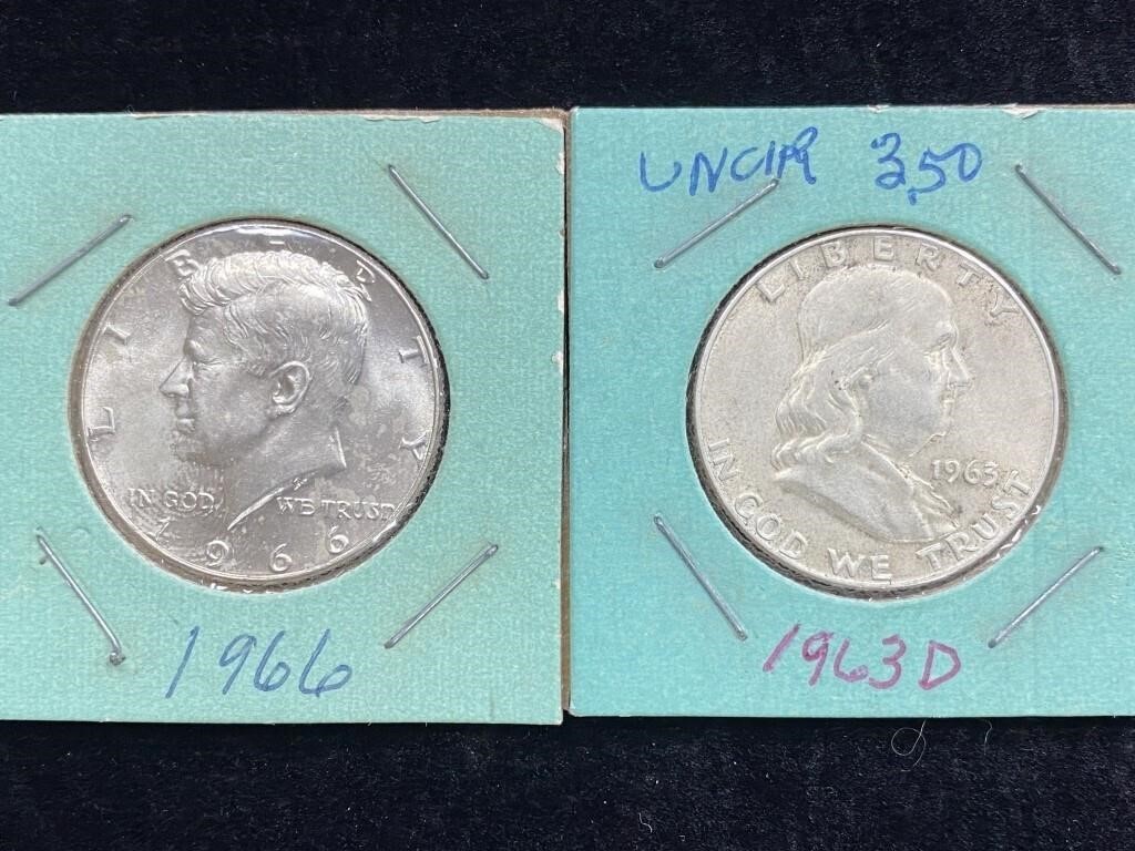 1963 D & 1966 P Half Dollar Coins
