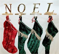 NOEL Mantel Stocking Hangers & 4 Stockings