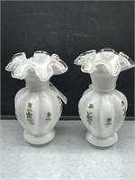 2 Fenton Silvercrest Hand Painted Ruffle Vases
