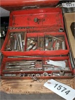 RED METAL BOX W/ MISC. ACCESSORIES- SOCKETS & SUCH