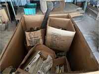 Cardboard tote w/supply bins, hardware, etc