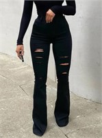 Plain High Waist Ripped Bootcut Denim Jeans, Slim