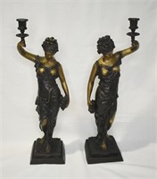 Pair 19th C Large Bronzed Figural Candle Holders