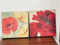 pair- floral prints/canvas "Poppies"  11.5" sq