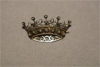 Sterling Filigree Crown Brooch w/ Pearls