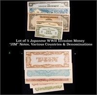 Lot of 5 Japanese WWII Invasion Money "JIM" Notes,