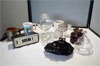 Glassware and Vintage GE Lighted Dial Alarm Clock