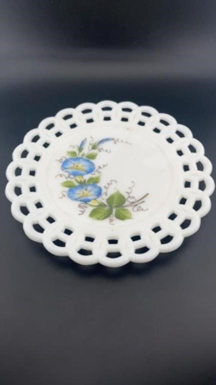Milk Glass Plate with Hand Painted Detail, Lace