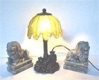 Small Monkey Lamp and 2Marbled Stone Lion Bookends