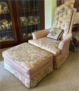 Pink Floral Upholstered Armchair with Footrest,