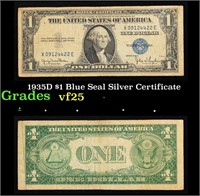 1935D $1 Blue Seal Silver Certificate Grades vf+