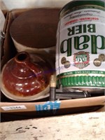 Beer barrel tin, crock jug, misc