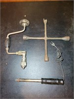 Vtg Brace Bit, Soldering Iron & 4-Way Wrench