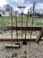 leaf rake, hard rake, 2 push brooms, square shovel